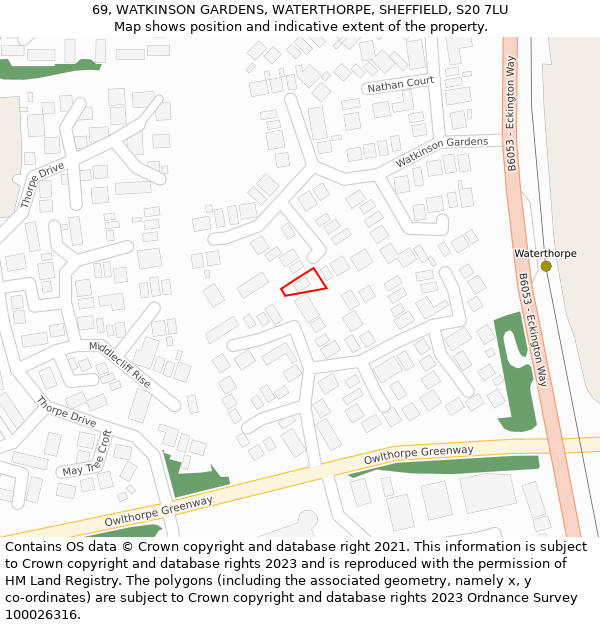 69, WATKINSON GARDENS, WATERTHORPE, SHEFFIELD, S20 7LU: Location map and indicative extent of plot