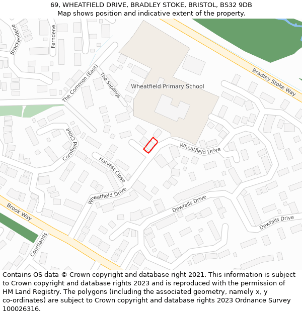 69, WHEATFIELD DRIVE, BRADLEY STOKE, BRISTOL, BS32 9DB: Location map and indicative extent of plot