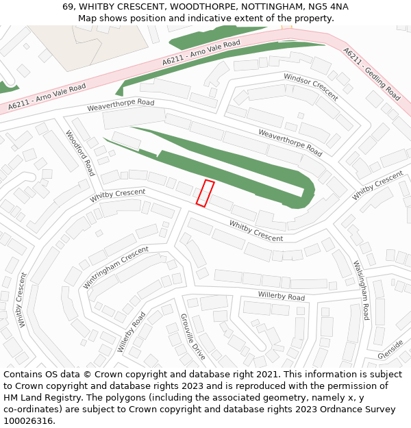 69, WHITBY CRESCENT, WOODTHORPE, NOTTINGHAM, NG5 4NA: Location map and indicative extent of plot