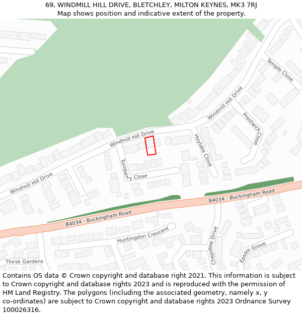 69, WINDMILL HILL DRIVE, BLETCHLEY, MILTON KEYNES, MK3 7RJ: Location map and indicative extent of plot