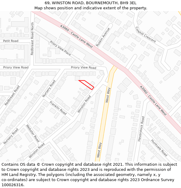 69, WINSTON ROAD, BOURNEMOUTH, BH9 3EL: Location map and indicative extent of plot