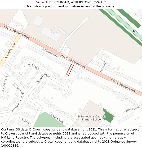 69, WITHERLEY ROAD, ATHERSTONE, CV9 1LZ: Location map and indicative extent of plot