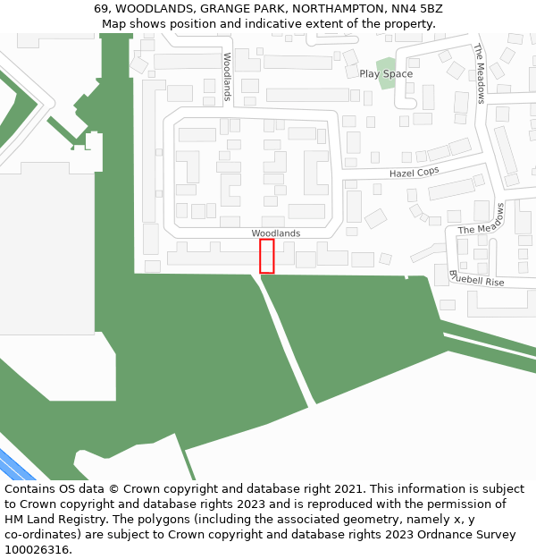 69, WOODLANDS, GRANGE PARK, NORTHAMPTON, NN4 5BZ: Location map and indicative extent of plot
