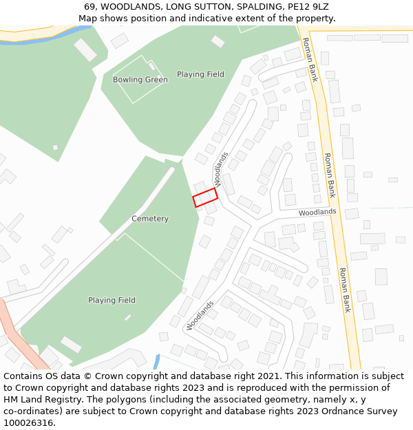69, WOODLANDS, LONG SUTTON, SPALDING, PE12 9LZ: Location map and indicative extent of plot