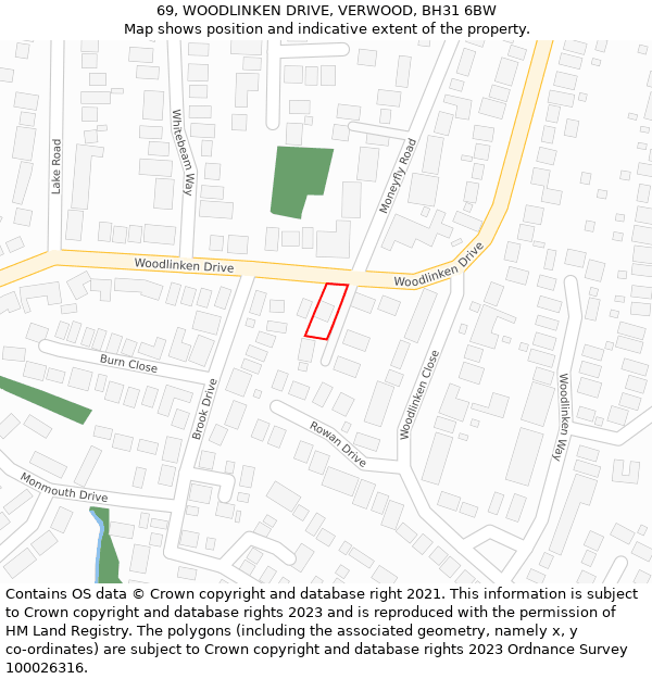 69, WOODLINKEN DRIVE, VERWOOD, BH31 6BW: Location map and indicative extent of plot