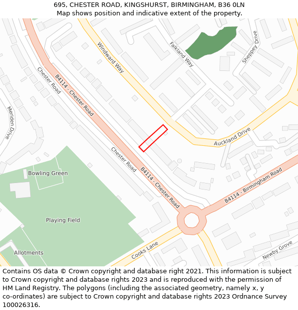 695, CHESTER ROAD, KINGSHURST, BIRMINGHAM, B36 0LN: Location map and indicative extent of plot
