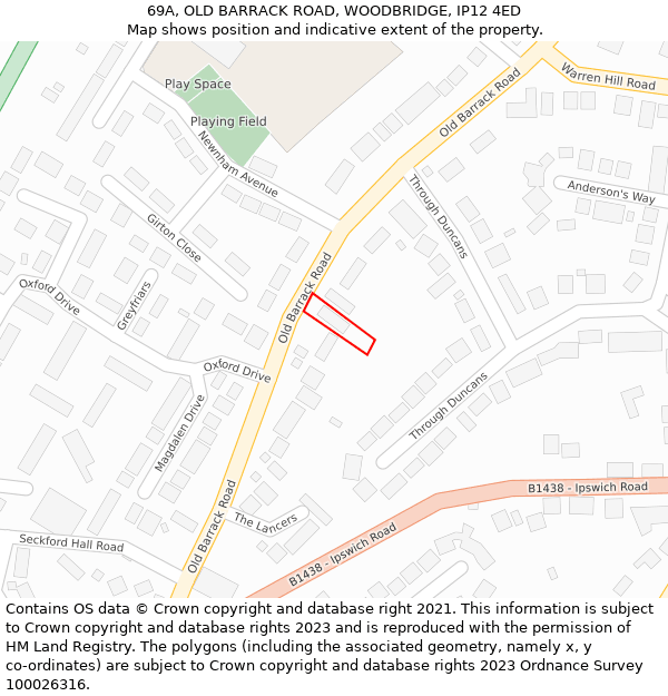 69A, OLD BARRACK ROAD, WOODBRIDGE, IP12 4ED: Location map and indicative extent of plot