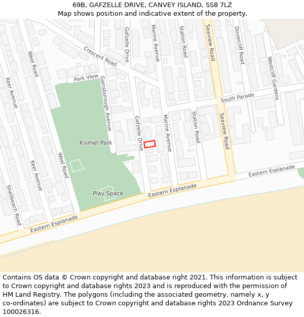 69B, GAFZELLE DRIVE, CANVEY ISLAND, SS8 7LZ: Location map and indicative extent of plot