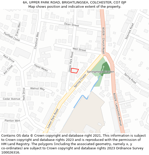 6A, UPPER PARK ROAD, BRIGHTLINGSEA, COLCHESTER, CO7 0JP: Location map and indicative extent of plot