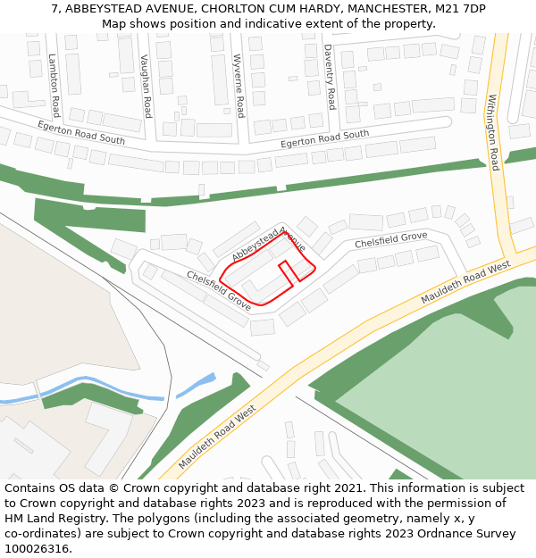7, ABBEYSTEAD AVENUE, CHORLTON CUM HARDY, MANCHESTER, M21 7DP: Location map and indicative extent of plot