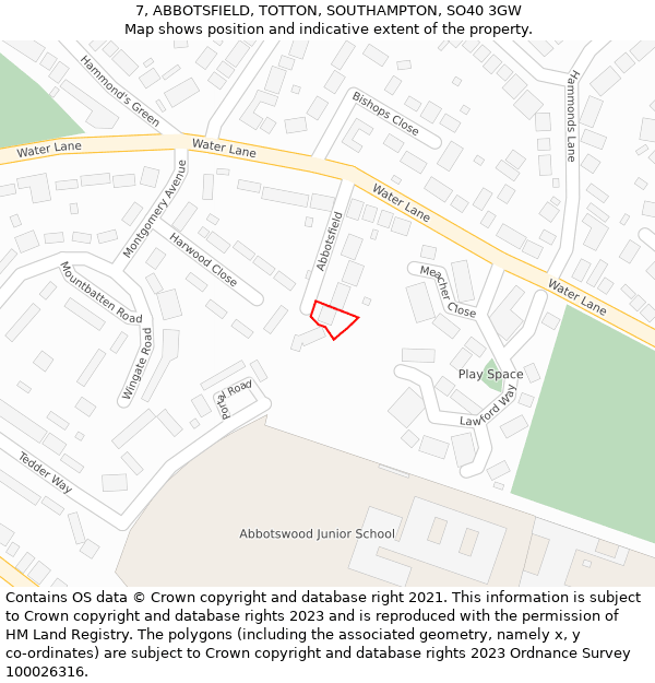 7, ABBOTSFIELD, TOTTON, SOUTHAMPTON, SO40 3GW: Location map and indicative extent of plot