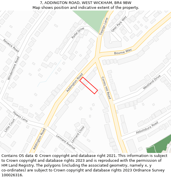 7, ADDINGTON ROAD, WEST WICKHAM, BR4 9BW: Location map and indicative extent of plot