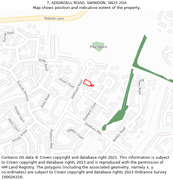 7, ADDINSELL ROAD, SWINDON, SN25 2GA: Location map and indicative extent of plot