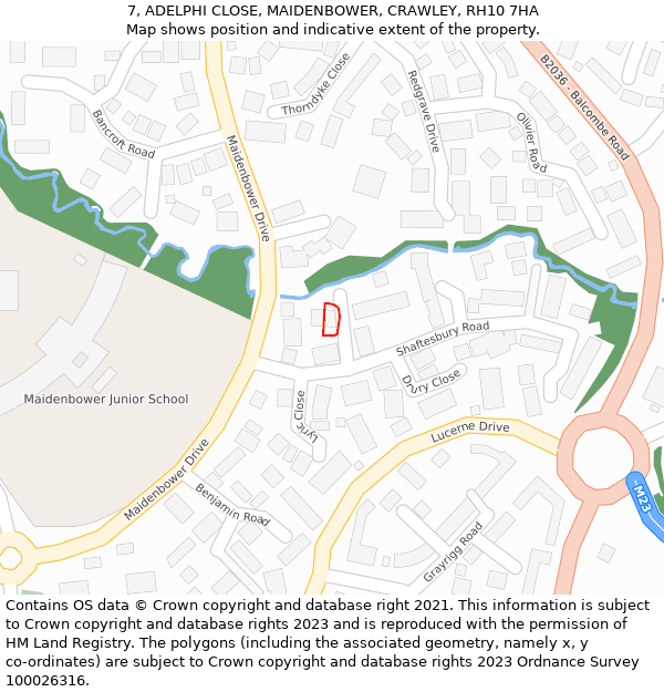 7, ADELPHI CLOSE, MAIDENBOWER, CRAWLEY, RH10 7HA: Location map and indicative extent of plot