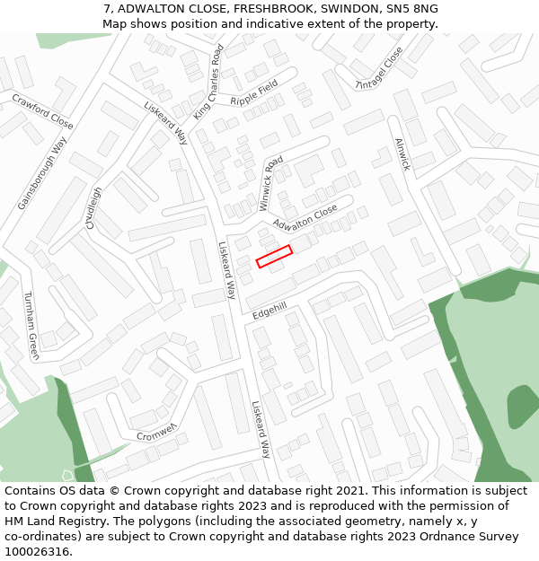 7, ADWALTON CLOSE, FRESHBROOK, SWINDON, SN5 8NG: Location map and indicative extent of plot