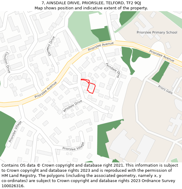 7, AINSDALE DRIVE, PRIORSLEE, TELFORD, TF2 9QJ: Location map and indicative extent of plot