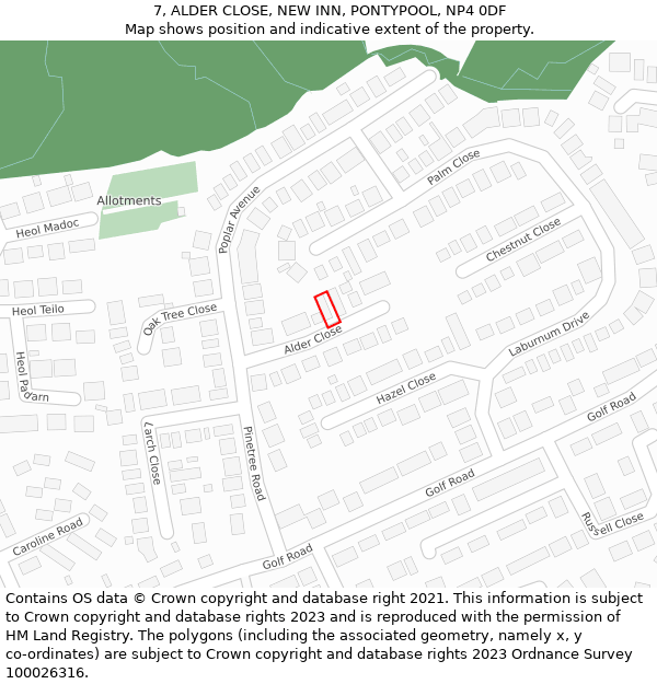 7, ALDER CLOSE, NEW INN, PONTYPOOL, NP4 0DF: Location map and indicative extent of plot