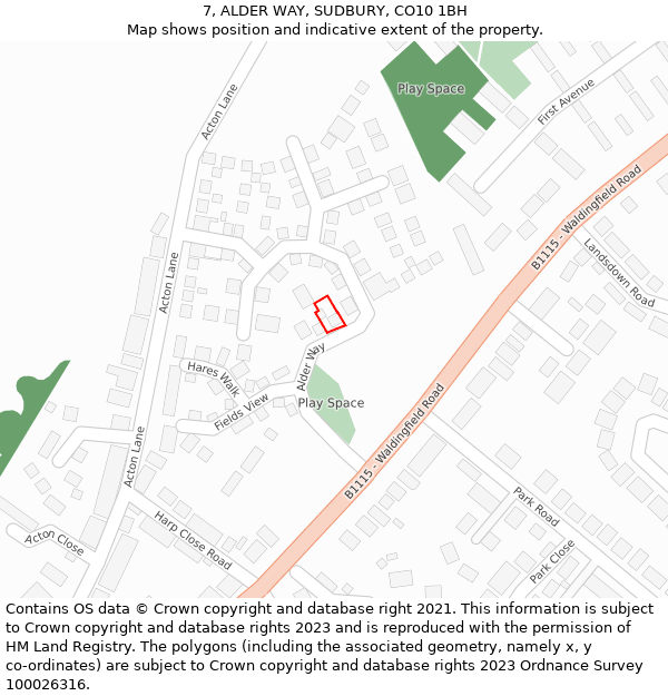 7, ALDER WAY, SUDBURY, CO10 1BH: Location map and indicative extent of plot