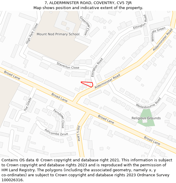 7, ALDERMINSTER ROAD, COVENTRY, CV5 7JR: Location map and indicative extent of plot