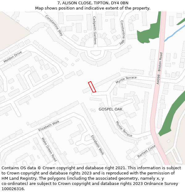 7, ALISON CLOSE, TIPTON, DY4 0BN: Location map and indicative extent of plot