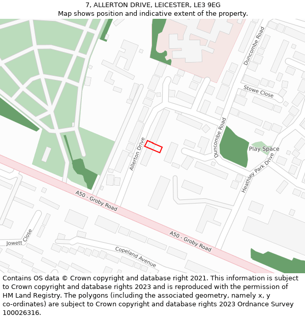 7, ALLERTON DRIVE, LEICESTER, LE3 9EG: Location map and indicative extent of plot