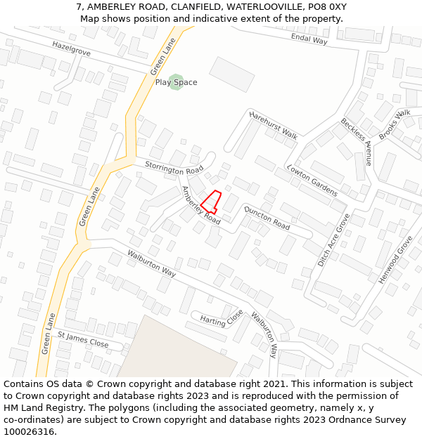 7, AMBERLEY ROAD, CLANFIELD, WATERLOOVILLE, PO8 0XY: Location map and indicative extent of plot