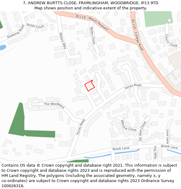 7, ANDREW BURTTS CLOSE, FRAMLINGHAM, WOODBRIDGE, IP13 9TD: Location map and indicative extent of plot