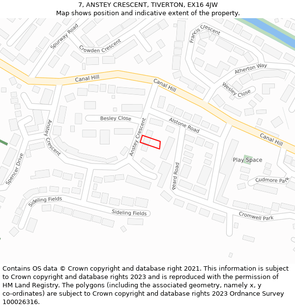 7, ANSTEY CRESCENT, TIVERTON, EX16 4JW: Location map and indicative extent of plot