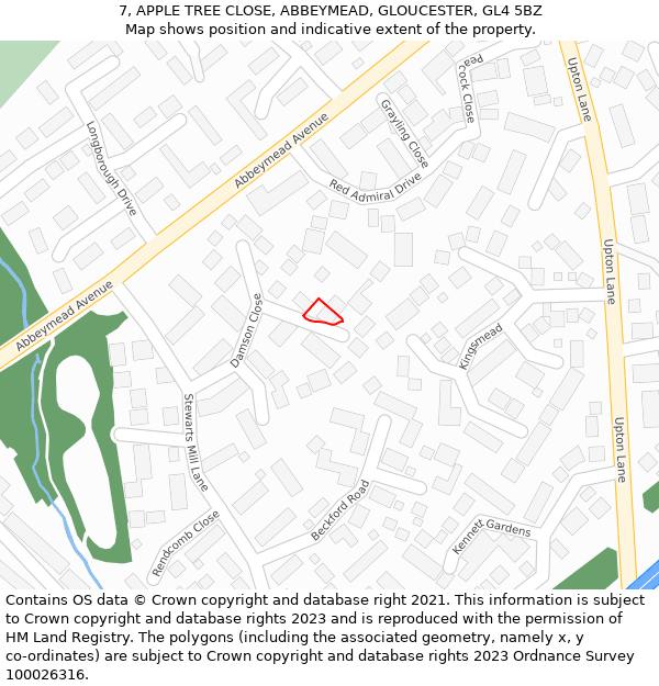 7, APPLE TREE CLOSE, ABBEYMEAD, GLOUCESTER, GL4 5BZ: Location map and indicative extent of plot