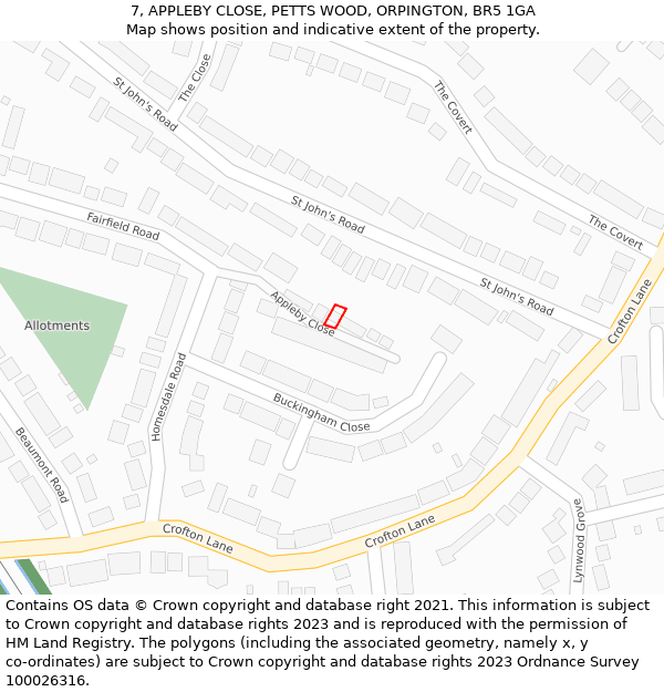7, APPLEBY CLOSE, PETTS WOOD, ORPINGTON, BR5 1GA: Location map and indicative extent of plot