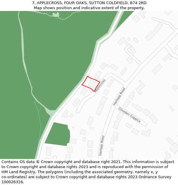 7, APPLECROSS, FOUR OAKS, SUTTON COLDFIELD, B74 2RD: Location map and indicative extent of plot