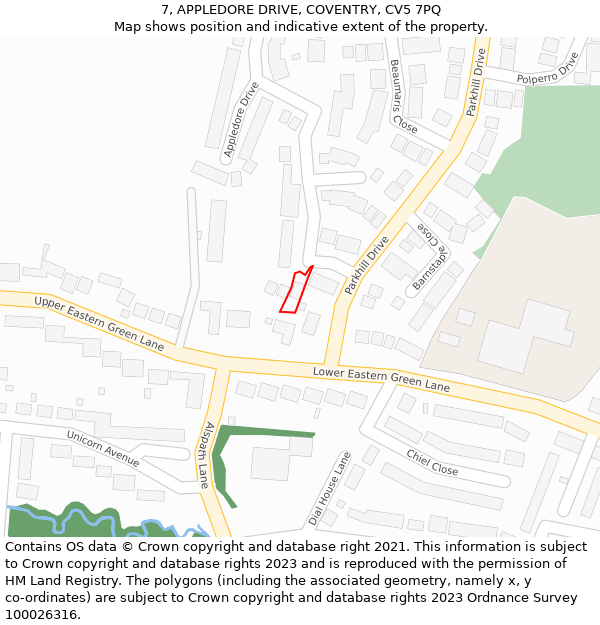 7, APPLEDORE DRIVE, COVENTRY, CV5 7PQ: Location map and indicative extent of plot