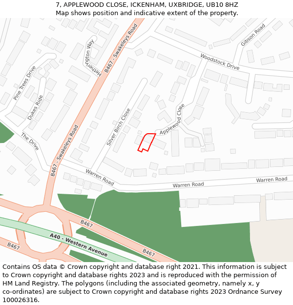 7, APPLEWOOD CLOSE, ICKENHAM, UXBRIDGE, UB10 8HZ: Location map and indicative extent of plot