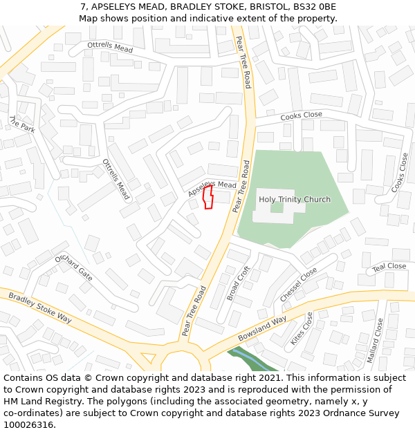 7, APSELEYS MEAD, BRADLEY STOKE, BRISTOL, BS32 0BE: Location map and indicative extent of plot