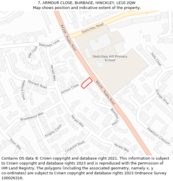 7, ARMOUR CLOSE, BURBAGE, HINCKLEY, LE10 2QW: Location map and indicative extent of plot