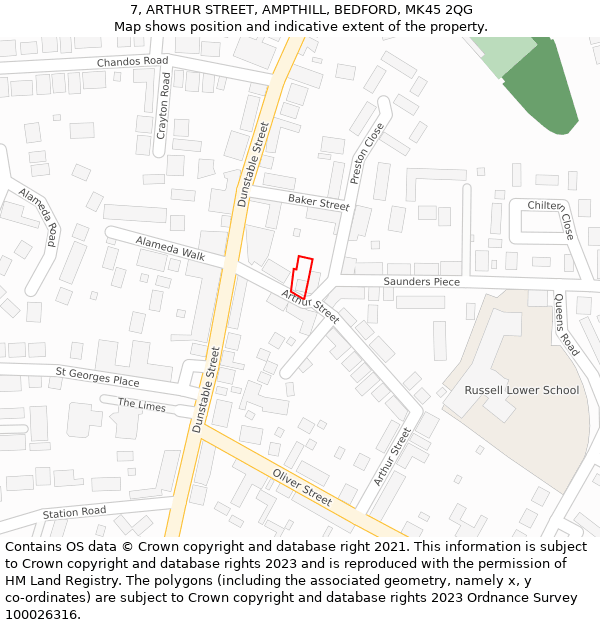 7, ARTHUR STREET, AMPTHILL, BEDFORD, MK45 2QG: Location map and indicative extent of plot