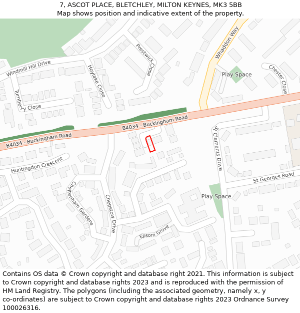 7, ASCOT PLACE, BLETCHLEY, MILTON KEYNES, MK3 5BB: Location map and indicative extent of plot