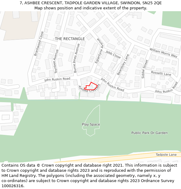 7, ASHBEE CRESCENT, TADPOLE GARDEN VILLAGE, SWINDON, SN25 2QE: Location map and indicative extent of plot