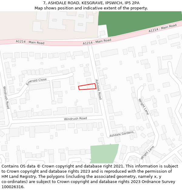 7, ASHDALE ROAD, KESGRAVE, IPSWICH, IP5 2PA: Location map and indicative extent of plot