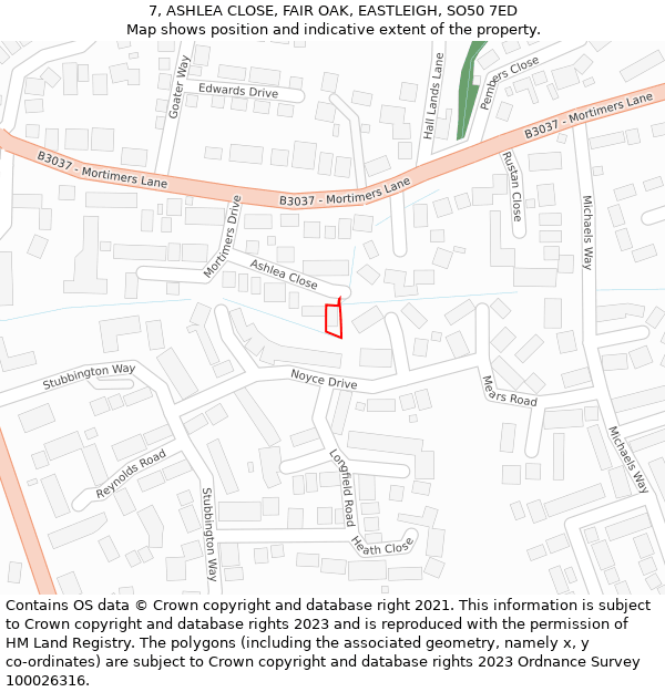 7, ASHLEA CLOSE, FAIR OAK, EASTLEIGH, SO50 7ED: Location map and indicative extent of plot