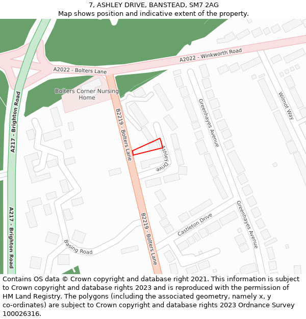 7, ASHLEY DRIVE, BANSTEAD, SM7 2AG: Location map and indicative extent of plot