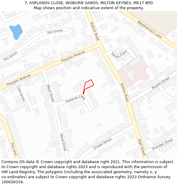 7, ASPLANDS CLOSE, WOBURN SANDS, MILTON KEYNES, MK17 8PD: Location map and indicative extent of plot