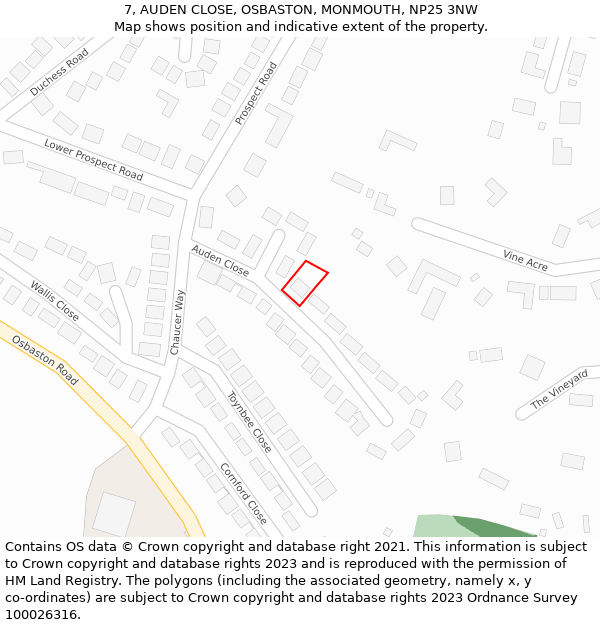 7, AUDEN CLOSE, OSBASTON, MONMOUTH, NP25 3NW: Location map and indicative extent of plot