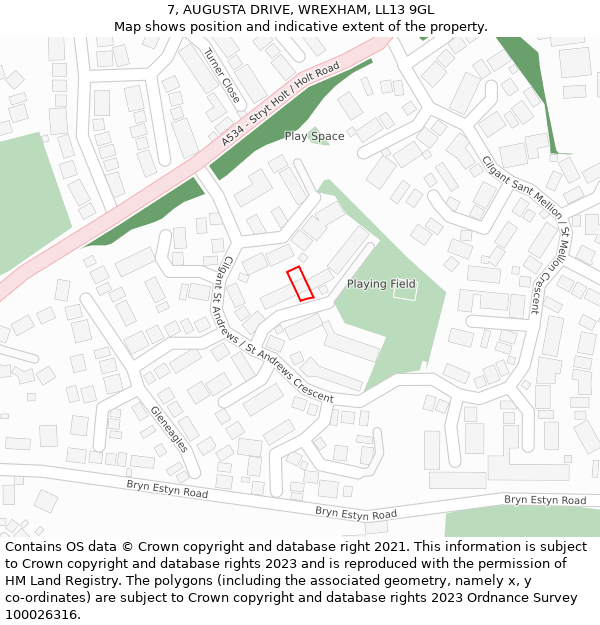 7, AUGUSTA DRIVE, WREXHAM, LL13 9GL: Location map and indicative extent of plot