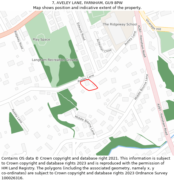 7, AVELEY LANE, FARNHAM, GU9 8PW: Location map and indicative extent of plot