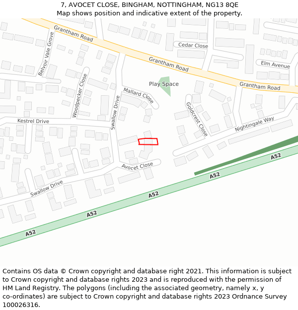 7, AVOCET CLOSE, BINGHAM, NOTTINGHAM, NG13 8QE: Location map and indicative extent of plot