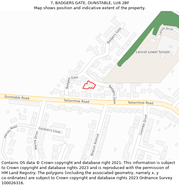 7, BADGERS GATE, DUNSTABLE, LU6 2BF: Location map and indicative extent of plot
