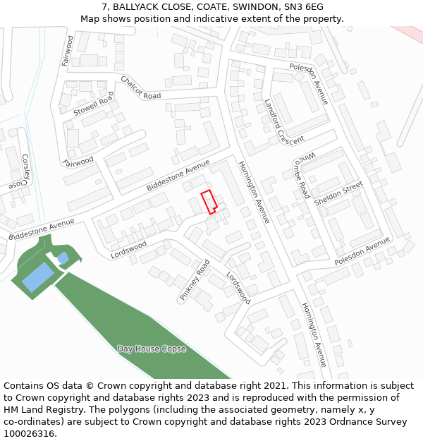 7, BALLYACK CLOSE, COATE, SWINDON, SN3 6EG: Location map and indicative extent of plot