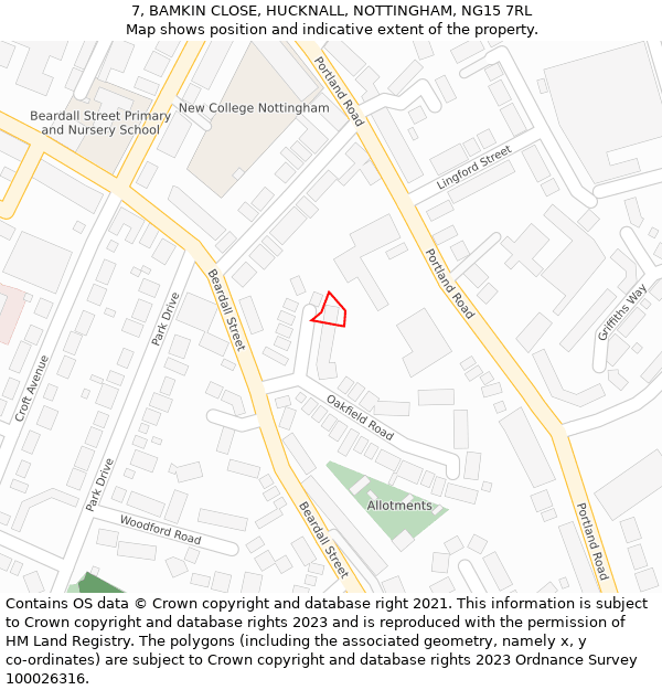 7, BAMKIN CLOSE, HUCKNALL, NOTTINGHAM, NG15 7RL: Location map and indicative extent of plot