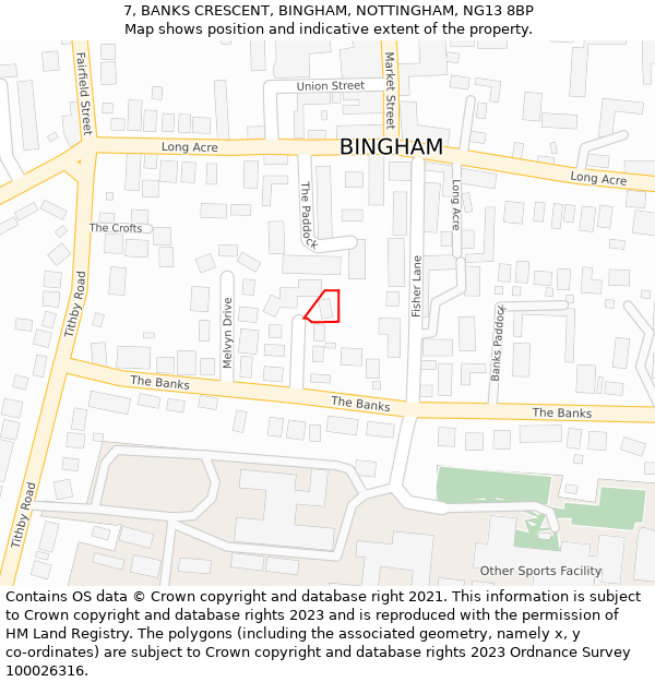 7, BANKS CRESCENT, BINGHAM, NOTTINGHAM, NG13 8BP: Location map and indicative extent of plot